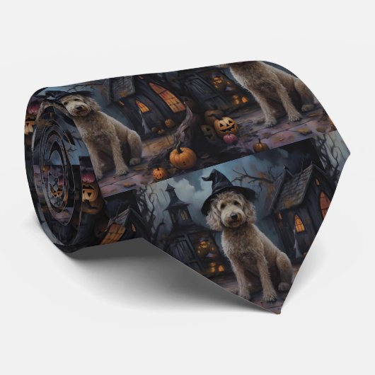 Cravate Goldendoodle Citrouille Halloween effrayant (Roulé)