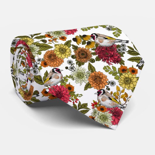 Cravate Goldfinies et fleurs (Roulé)