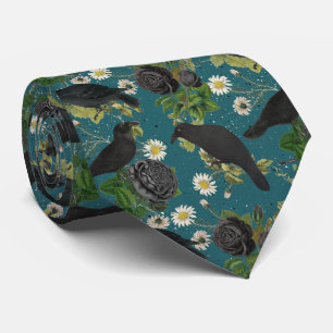 Cravate Goth Crows et Roses noirs Profond Turquoise Motif