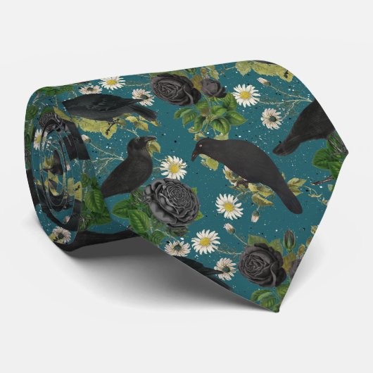 Cravate Goth Crows et Roses noirs Profond Turquoise Motif (Roulé)