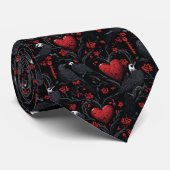 Cravate Gothic Red Hearts Red Flowers and Crows (Roulé)