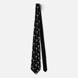 Cravate Gothique Ankh Crucific noir blanc Motif d'icône