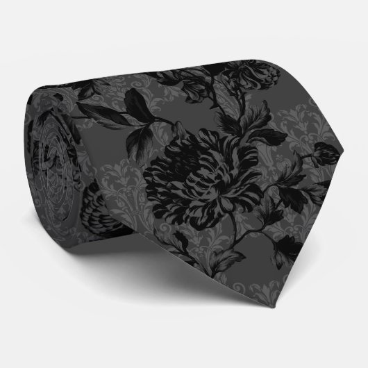 Cravate Gothique Charbon Damask Black Floral Mariage (Roulé)