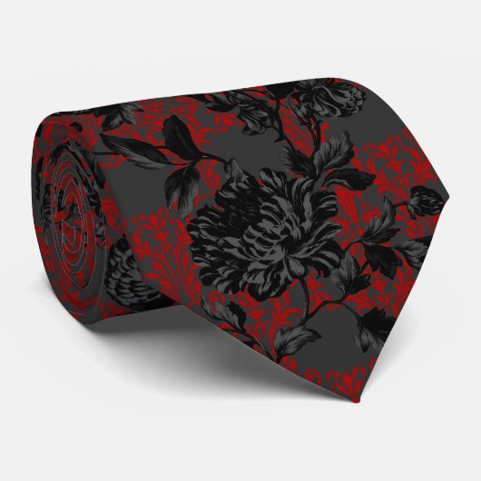 Cravate Gothique Rouge Damas gris noir Mariage floral (Roulé)