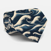 Cravate Great Wave Hokusai Navy Blue Japanese Art Pattern (Roulé)