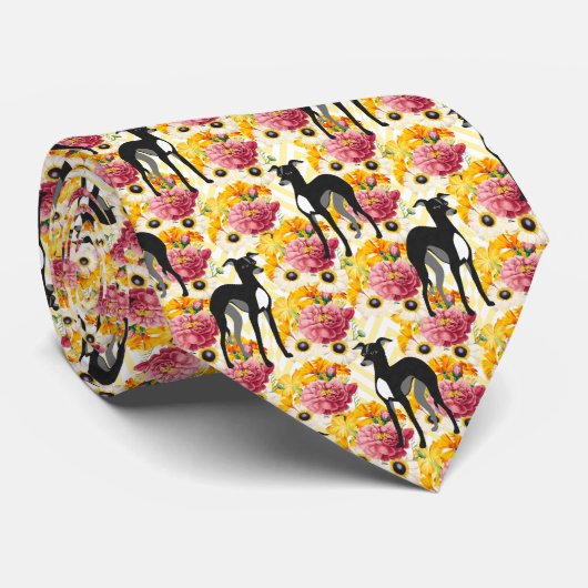 Cravate Greyhounds ou Whippets et Fleurs italiens (Roulé)