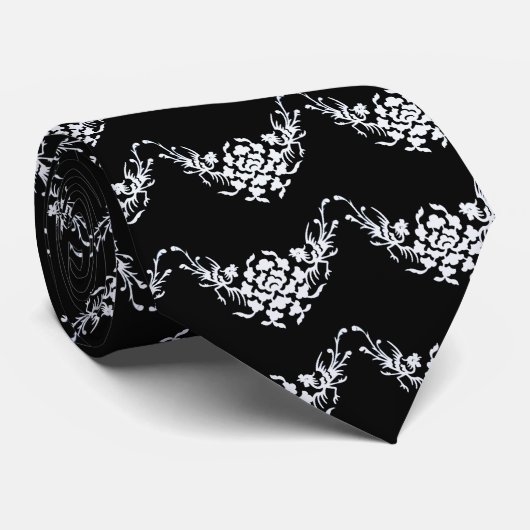 CRAVATE GRIFFINS ET FLEURS BLANCS EN NOIR (Roulé)