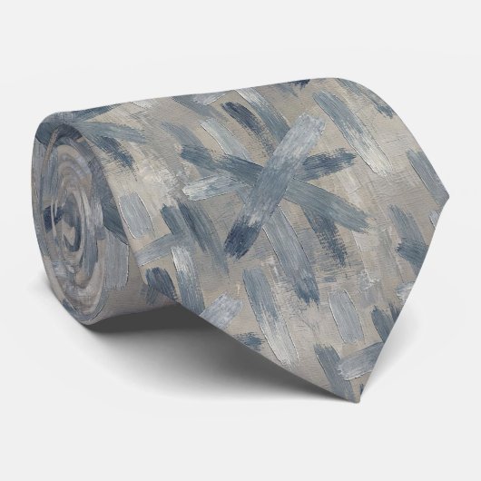 Cravate Gris Ardoise Bleu Abstrait Pinceaux Traits (Roulé)