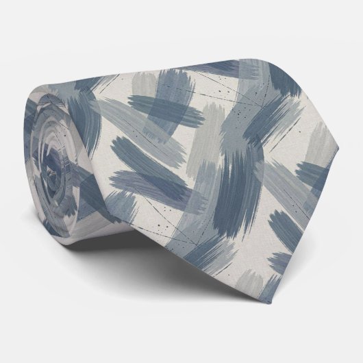 Cravate Gris Ardoise Bleu Abstrait Pinceaux Traits Océan C (Roulé)