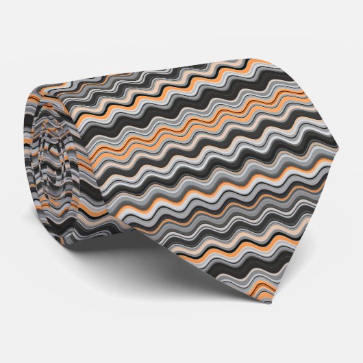 Cravate Gris et orange rayures ondulées (Roulé)