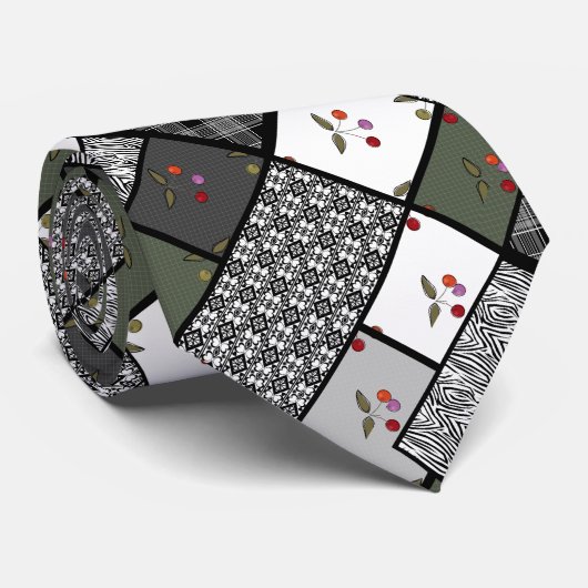 Cravate Gris Olive rustique patchwork motif (Roulé)