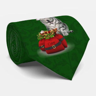 Cravate Gris Tabby Chat sur Noël Vert