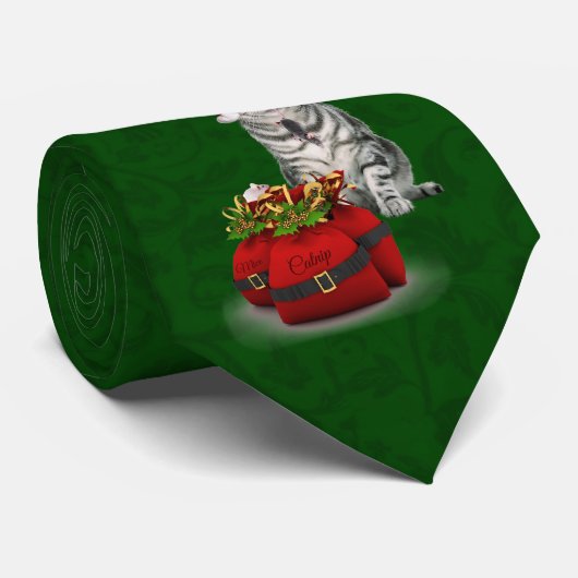 Cravate Gris Tabby Chat sur Noël Vert (Roulé)