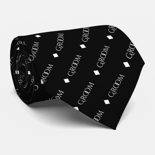 Cravate Groom - Repeating White Text on Black (Roulé)