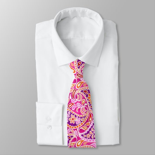 Cravate Groovy Daisy Paisley BoHo Aquarelle - Fuchsia (Attaché)