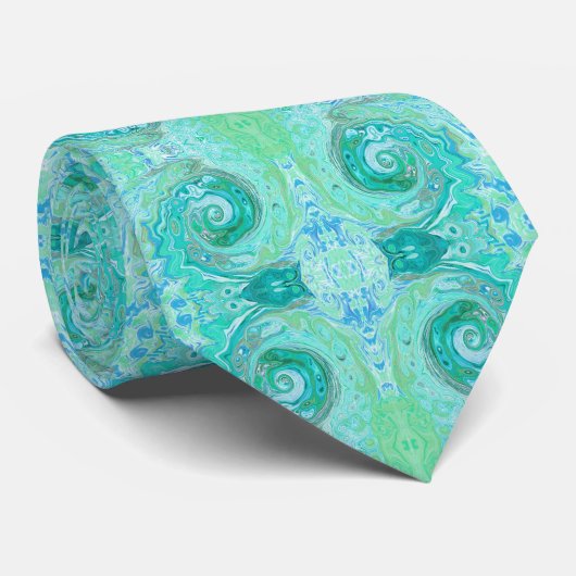 Cravate Groovy Rétro Vert Menthe et Tourbillon Bleu (Roulé)