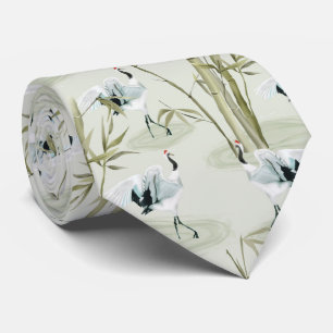 Cravate Grues japonaises et motif aquarelle de bambou