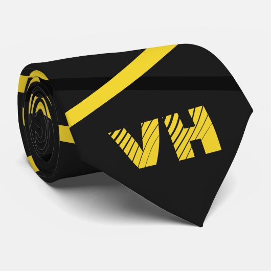 Cravate Guitare rayée cool Jaune Initiales Noires (Roulé)