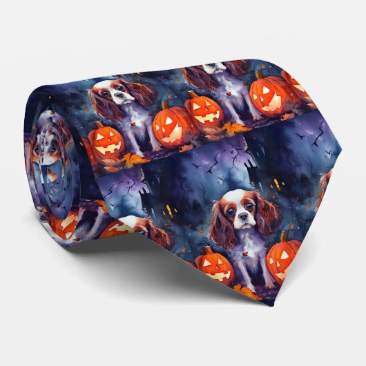 Cravate Halloween Cavalier King Charles Citrouille espagno (Roulé)