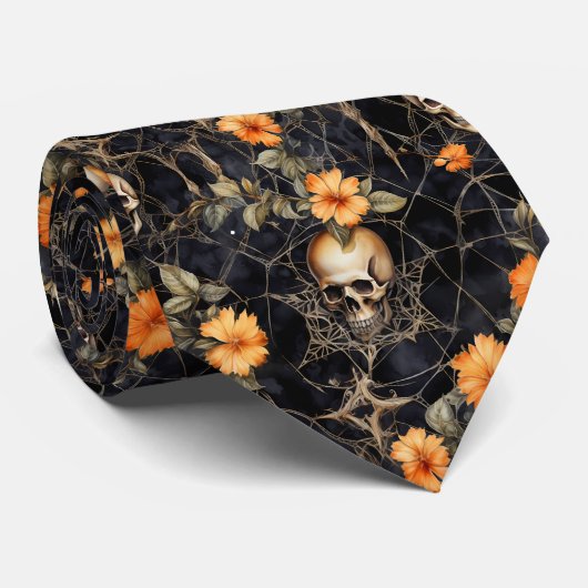 Cravate Halloween Crânes Et Fleurs (Roulé)
