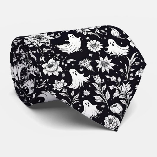 Cravate Halloween Fleurs Fantômes Noir & Blanc (Roulé)