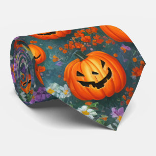 Cravate Halloween Jack-o'-lanternes Et Fleurs Violettes