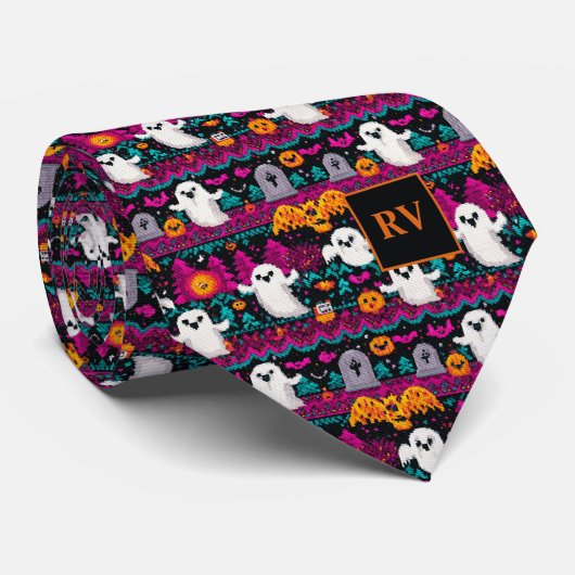 Cravate Halloween Jeu Pixel Spook Sweater Monogramme (Roulé)