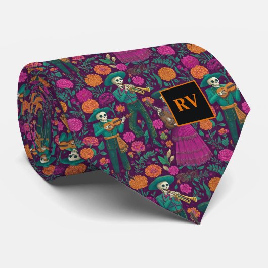 Cravate Halloween Musical Skeletons with Flowers (Roulé)