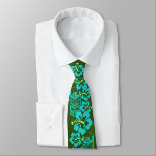 Cravate Hawaiian Hibiscus & Tiki "Live Pono" Retro Green