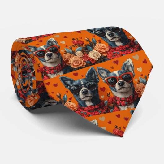 Cravate Heeler bleu avec coeur Roses Saint-Valentin (Roulé)