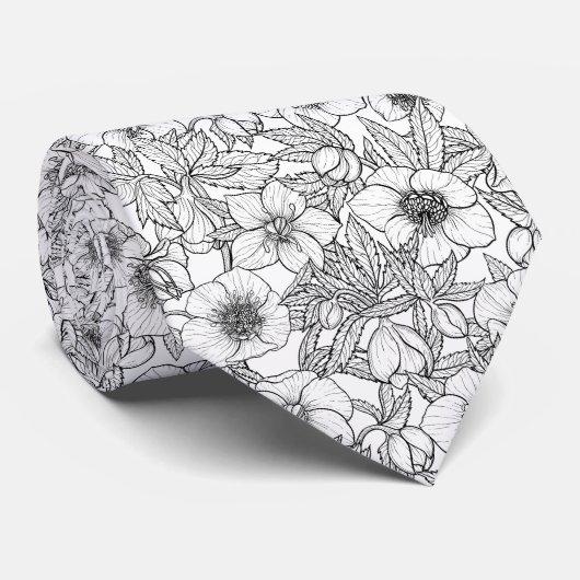 Cravate Hellebores en noir et blanc (Roulé)