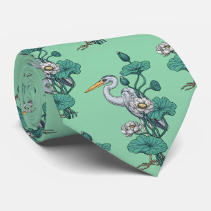 Cravate Héron dans le jardin de lotus blanc sur jade