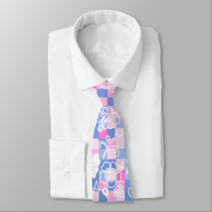 Cravate Hibiscus damier Hawaïen floral - Rose Péri