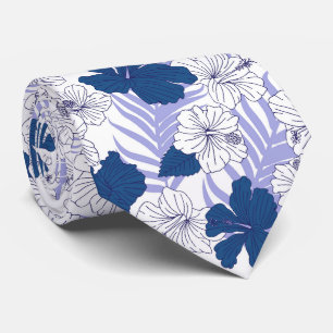 Cravate Hibiscus Fleurs Bleu Blanc Plage Mariage