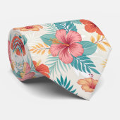 Cravate Hibiscus hawaïen turquoise et rose roux (Roulé)