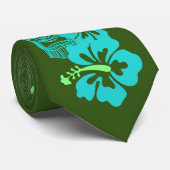 Cravate Hibiscus hawaïens et Tiki "Live Pono" Retro Green (Roulé)
