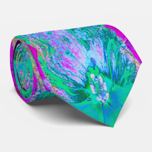 Cravate Hibiscus Psychedelic Rétro Vert et Rose Chaud