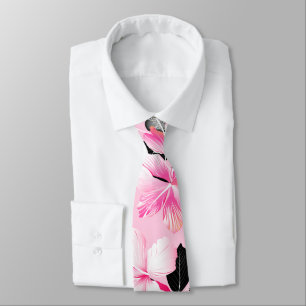 Cravate hibiscus rose avec feuilles noirs