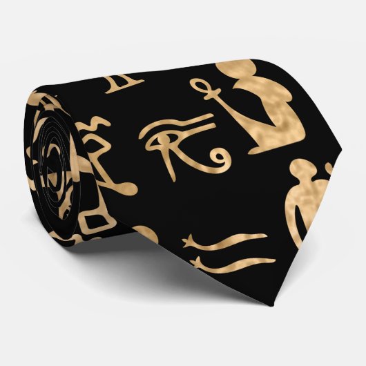 Cravate Hiéroglyphes égyptiens anciens or Art sur le noir (Roulé)