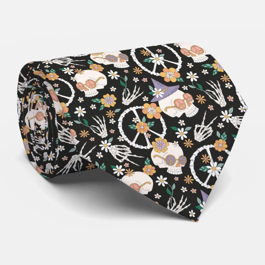 Cravate Hippie Halloween Skulls et Fleurs Motif (Roulé)
