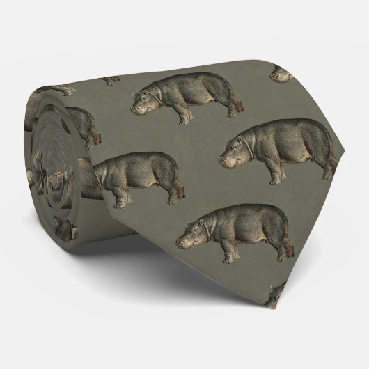 Cravate Hippopotames Vintage sur Lin Vert Militaire (Roulé)