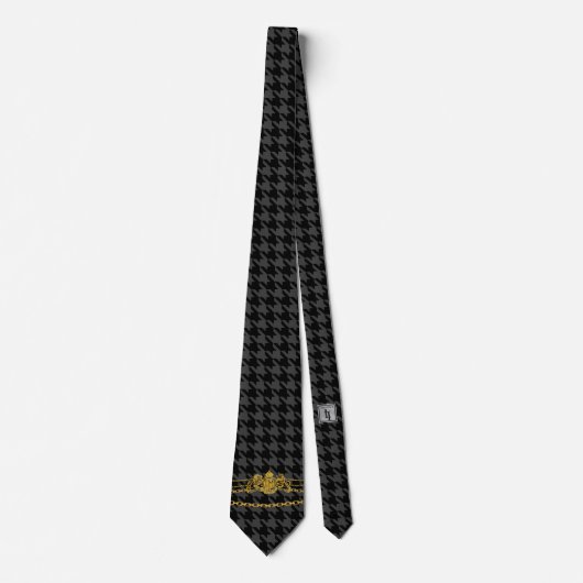 Cravate Houndstooth Gold Emblem Chain Trim Black Grey (Devant)