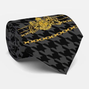 Cravate Houndstooth Gold Emblem Chain Trim Black Grey