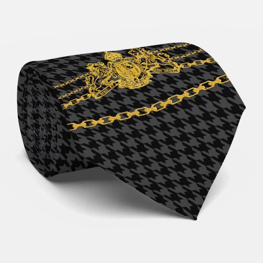 Cravate Houndstooth Gold Emblem Chain Trim Black Grey (Roulé)