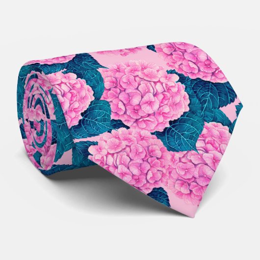 Cravate Hydrangea aquarelle motif, rose et bleu (Roulé)