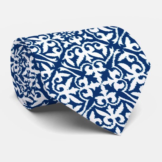 Cravate Ikat damask pattern - Cobalt bleu et blanc (Roulé)