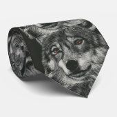 Cravate Illustration de loup noir et blanc (Roulé)