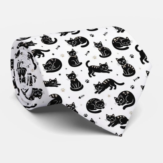 Cravate Illustrations de chats noir et blanc (Roulé)
