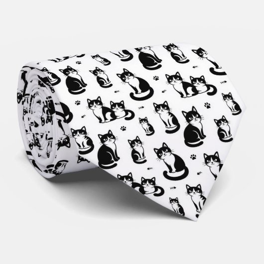 Cravate Illustrations de chats noir et blanc (Roulé)