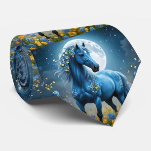 Cravate Imaginaire Bleu Magique Cheval Lune Fleurs,